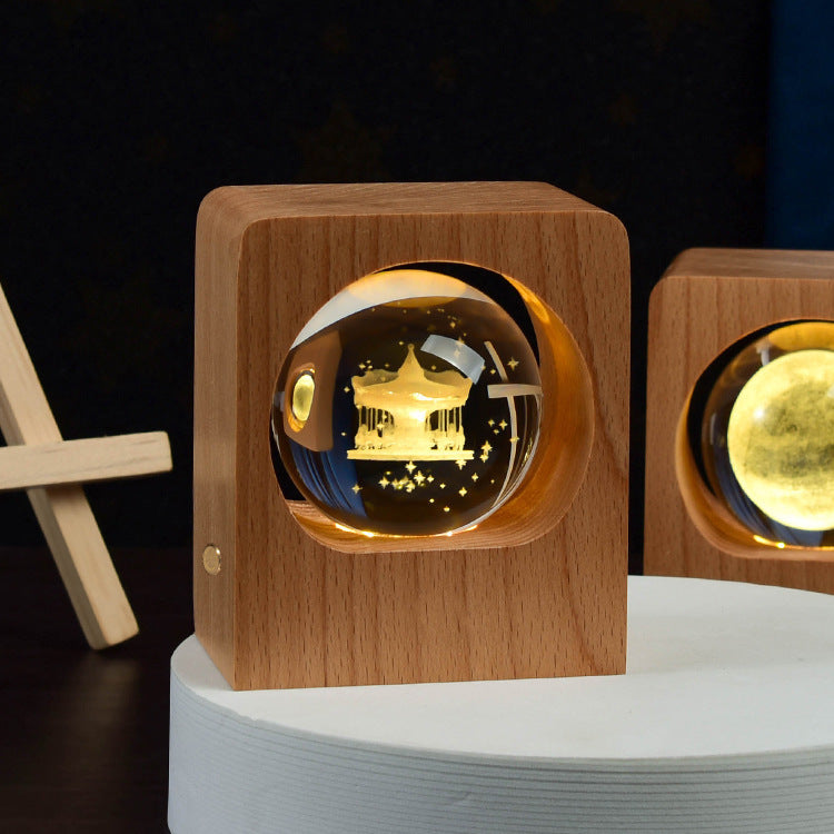 For Kid Beech Crystal Ball Night Light 3D Laser Engraving LED Nightlights USB Dimmable Lamp
