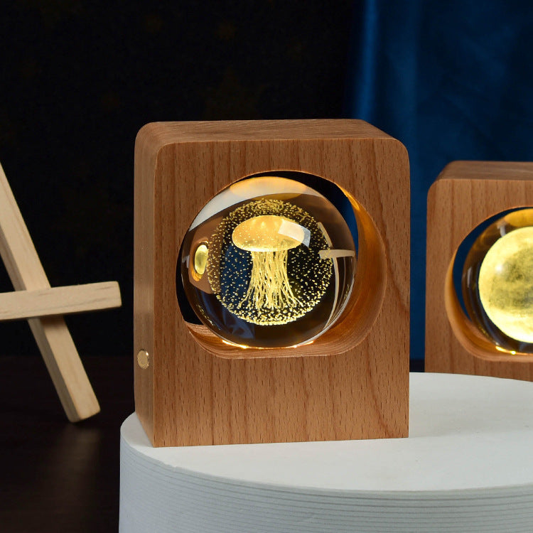 For Kid Beech Crystal Ball Night Light 3D Laser Engraving LED Nightlights USB Dimmable Lamp