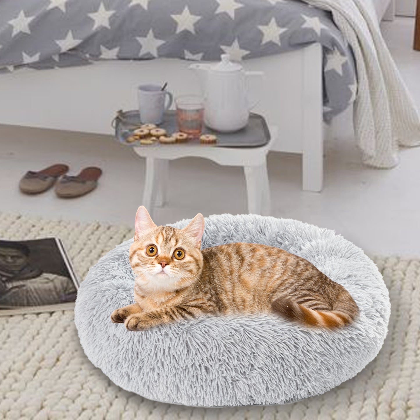 Fluffy Donut Dog and Cat Bed Warm Soft Long Plush Pet Cushion Washable Pet Sofa Mat