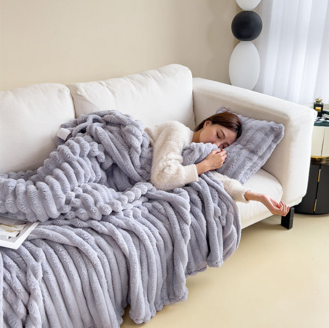 Soft Wind Bubble Velvet Blanket Warm Solid Rabbit Fur Blankets Double-sided