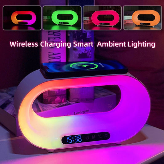 3 In 1 LED Night Light APP Control RGB Atmosphere Desk Lamp Smart Multifunctional Wireless Charger Alarm Clock